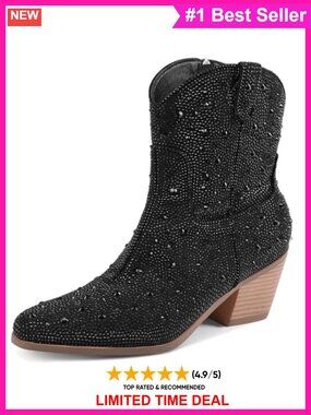Rhinestone Cowboy Ankle Boots Sparkly Cowgirl Booties Faux Leather